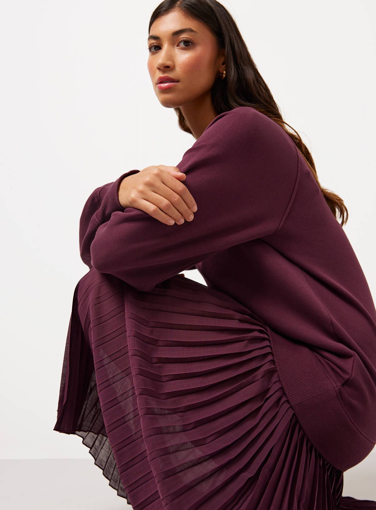 Burgundy Sweatshirt Combined Plisse Midaxi Dress 6 - Image 2